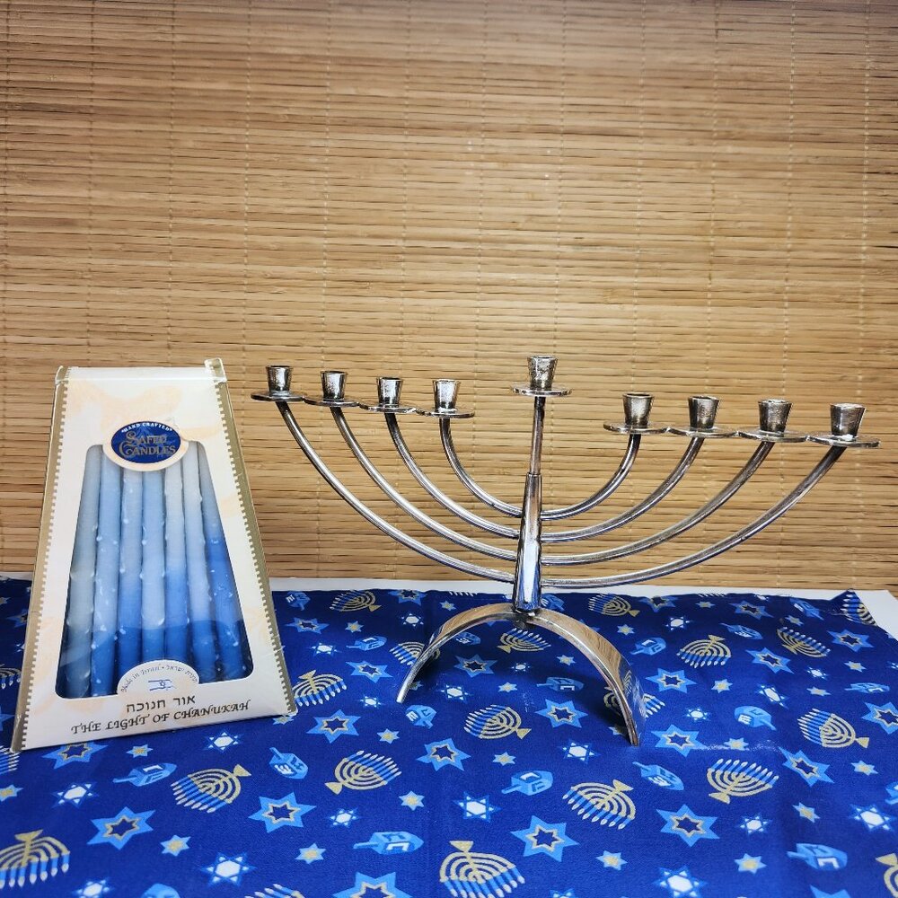 Hannukah Menorah Silver Plated Candles & Dreidel, Star of David Cloth  Hadany